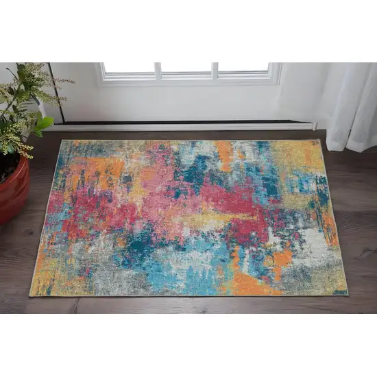 Blue Red And Orange Abstract Distressed Area Rug Photo 1