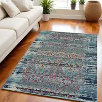 Photo of Blue Red And Orange Floral Distressed Area Rug