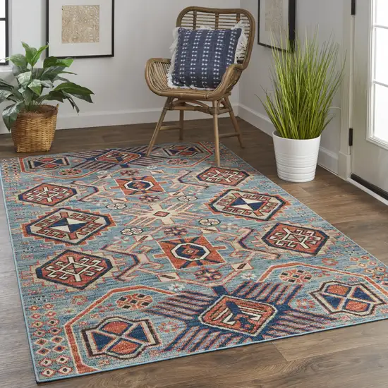 Blue Red And Tan Abstract Power Loom Distressed Stain Resistant Area Rug Photo 7