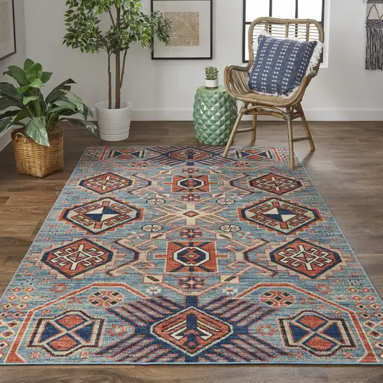 Blue Red And Tan Abstract Power Loom Distressed Stain Resistant Area Rug Photo 8