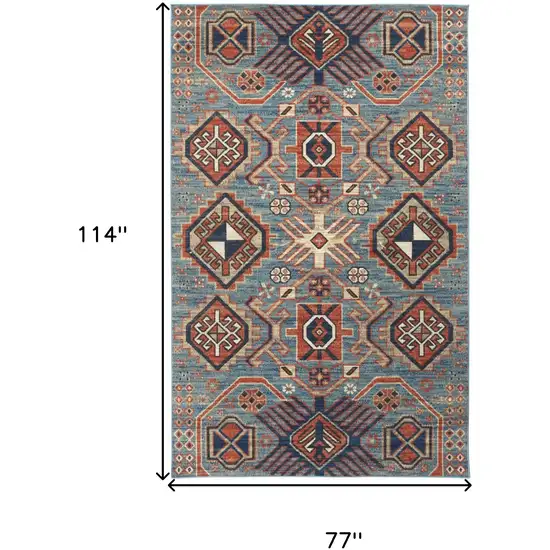 Blue Red And Tan Abstract Power Loom Distressed Stain Resistant Area Rug Photo 5