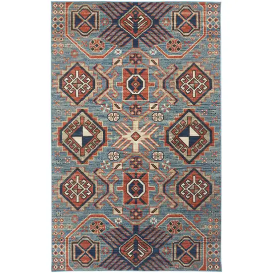 Blue Red And Tan Abstract Power Loom Distressed Stain Resistant Area Rug Photo 1