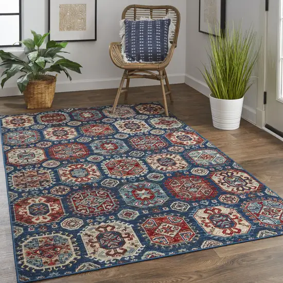 Blue Red And Tan Abstract Power Loom Distressed Stain Resistant Area Rug Photo 7