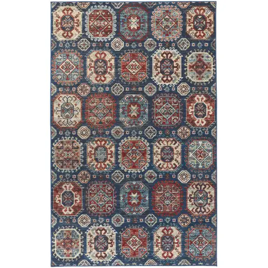 Blue Red And Tan Abstract Power Loom Distressed Stain Resistant Area Rug Photo 1