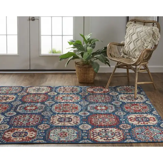 Blue Red And Tan Abstract Power Loom Distressed Stain Resistant Area Rug Photo 9