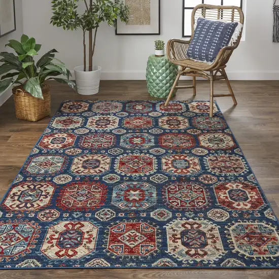 Blue Red And Tan Abstract Power Loom Distressed Stain Resistant Area Rug Photo 9