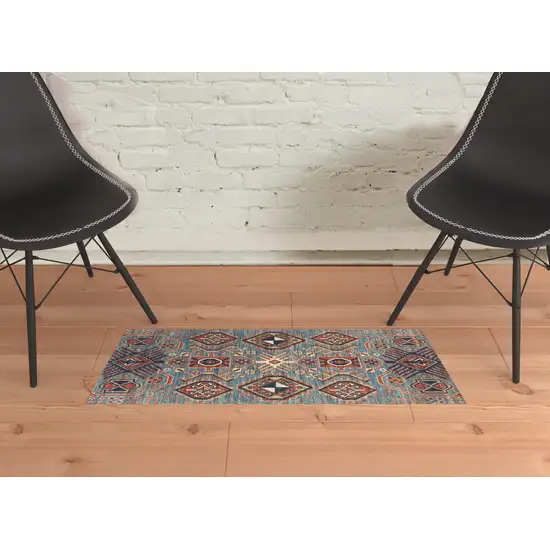 Blue Red And Tan Abstract Power Loom Distressed Stain Resistant Area Rug Photo 2