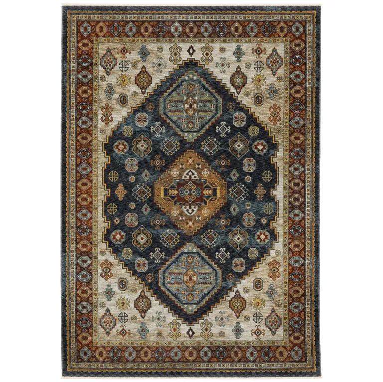 Blue Red Beige Orange Gold And Tan Oriental Power Loom Stain Resistant Area Rug With Fringe Photo 1