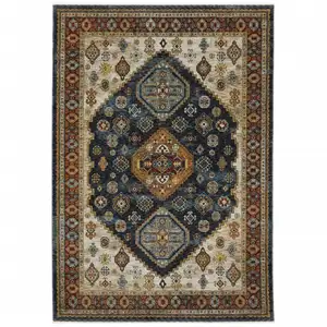 Photo of Blue Red Beige Orange Gold And Tan Oriental Power Loom Stain Resistant Area Rug With Fringe