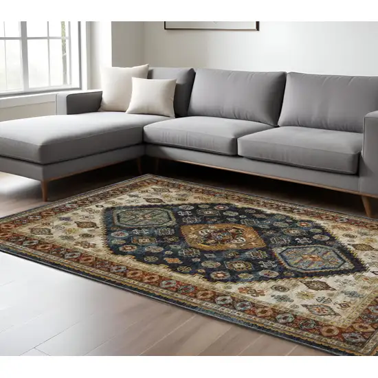 Blue and Beige Oriental Power Loom Area Rug With Fringe Photo 1