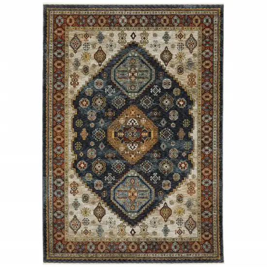 Blue Red Beige Orange Gold And Tan Oriental Power Loom Stain Resistant Area Rug With Fringe Photo 1