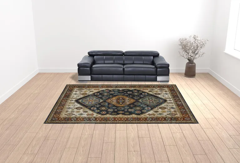 Blue Red Beige Orange Gold And Tan Oriental Power Loom Stain Resistant Area Rug With Fringe Photo 2