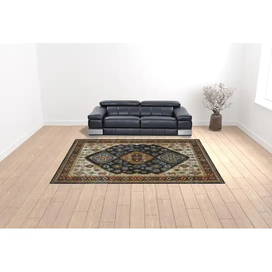 Blue Red Beige Orange Gold And Tan Oriental Power Loom Stain Resistant Area Rug With Fringe Photo 2