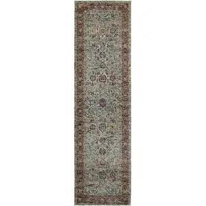 Photo of Blue Red Green And Gold Oriental Power Loom Stain Resistant Runner Rug