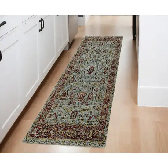 Blue and Green Oriental Power Loom Runner Rug Photo 1