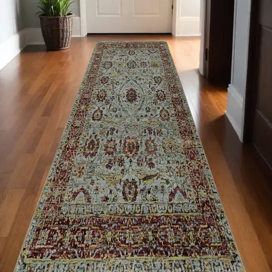 12' Runner Blue Red Green and Gold Oriental Power Loom Runner Rug Photo 1