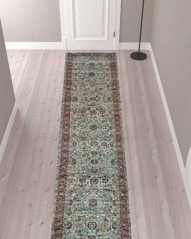 Blue Red Green And Gold Oriental Power Loom Stain Resistant Runner Rug Photo 2