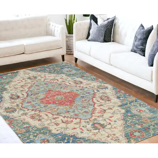 7'X12' Blue Red Hand Woven Traditional Medallion Indoor Area Rug Photo 1