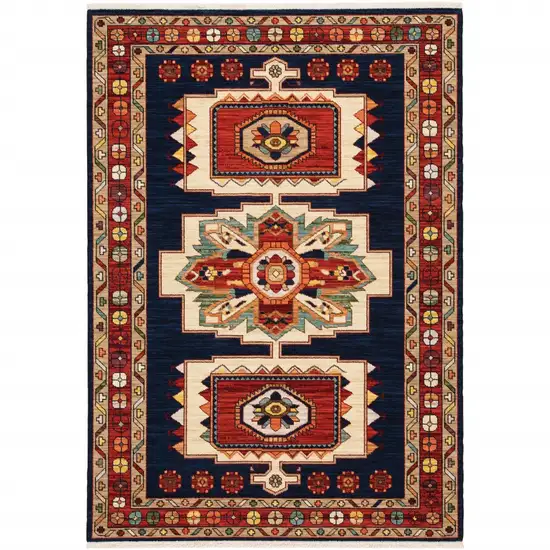 Blue Red Machine Woven Medallions Indoor Area Rug Photo 4