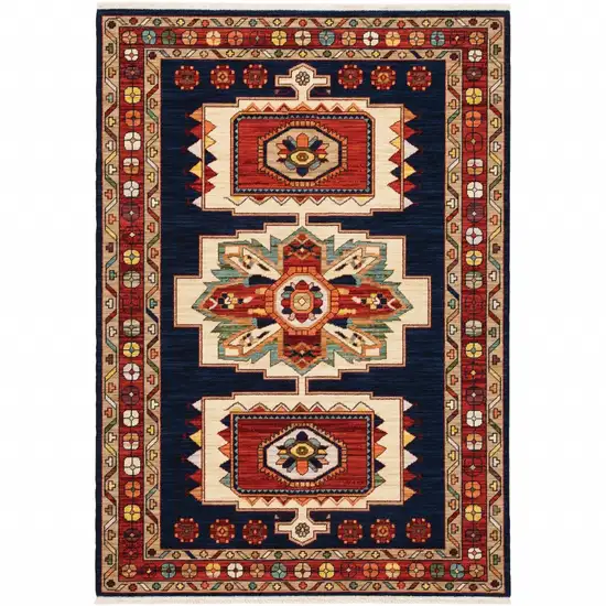 Blue Red Machine Woven Medallions Indoor Area Rug Photo 1
