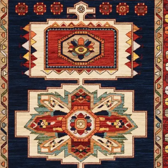 Blue Red Machine Woven Medallions Indoor Area Rug Photo 3