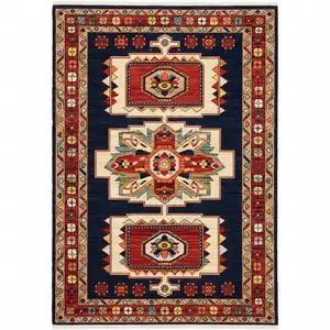 Photo of Blue Red Machine Woven Medallions Indoor Area Rug