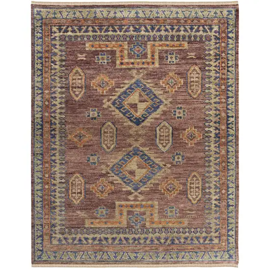 Blue Red and Tan Wool Geometric Hand Knotted Area Rug With Fringe Photo 5