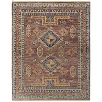 Photo of Blue Red and Tan Wool Geometric Hand Knotted Area Rug With Fringe