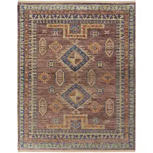 Photo of Blue Red and Tan Wool Geometric Hand Knotted Area Rug With Fringe