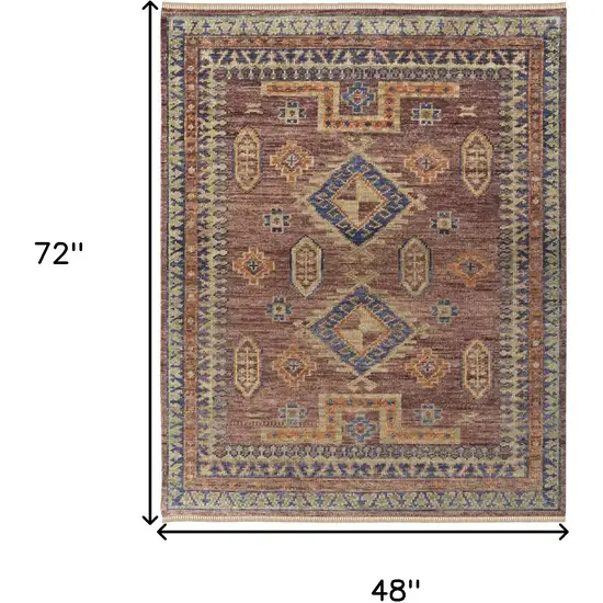 Blue Red and Tan Wool Geometric Hand Knotted Area Rug With Fringe Photo 3