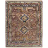 Photo of Blue Red and Tan Wool Geometric Hand Knotted Area Rug With Fringe