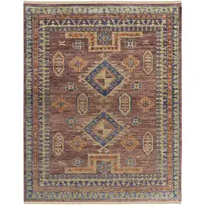 Photo of Blue Red and Tan Wool Geometric Hand Knotted Area Rug With Fringe