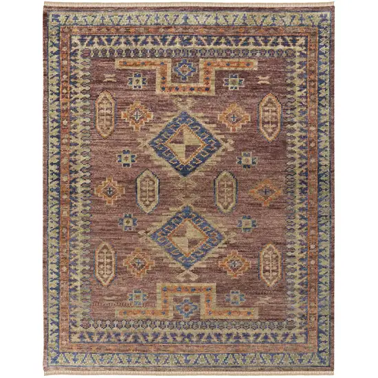 Blue Red and Tan Wool Geometric Hand Knotted Area Rug With Fringe Photo 4