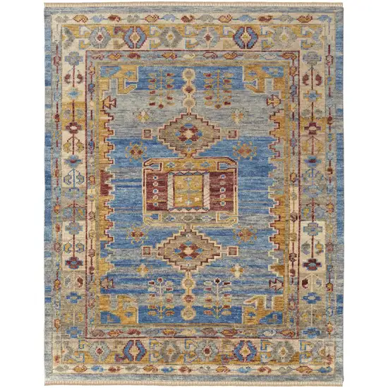 Blue Red and Yellow Wool Geometric Hand Knotted Area Rug With Fringe Photo 1