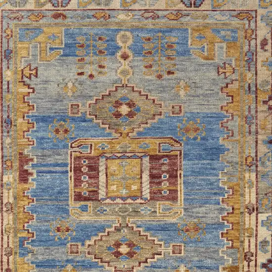 Blue Red and Yellow Wool Geometric Hand Knotted Area Rug With Fringe Photo 8