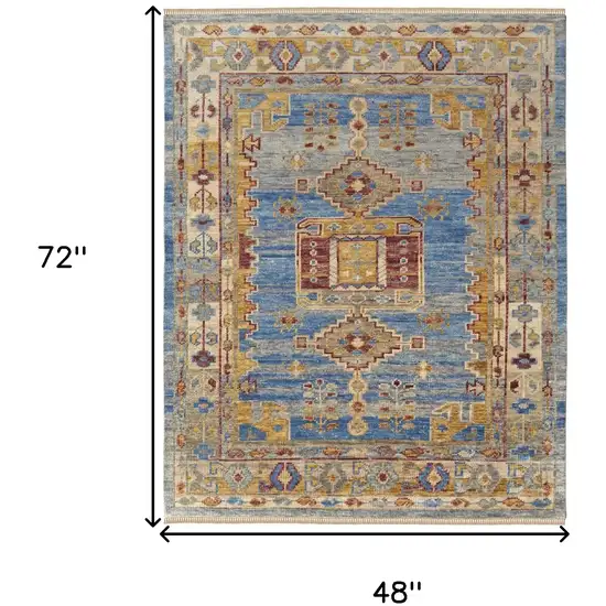 Blue Red and Yellow Wool Geometric Hand Knotted Area Rug With Fringe Photo 3