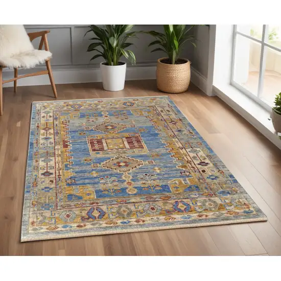 Blue Red and Yellow Wool Geometric Hand Knotted Area Rug With Fringe Photo 1