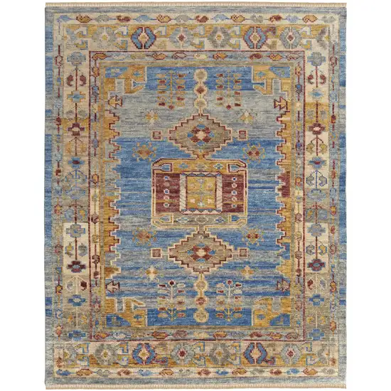 Blue Red and Yellow Wool Geometric Hand Knotted Area Rug With Fringe Photo 5