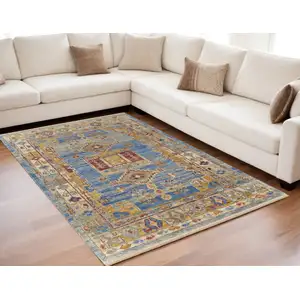 Photo of Blue Red and Yellow Wool Geometric Hand Knotted Area Rug With Fringe