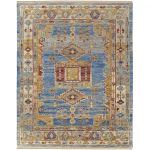 Photo of Blue Red and Yellow Wool Geometric Hand Knotted Area Rug With Fringe