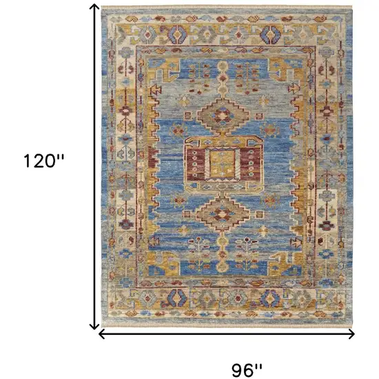 Blue Red and Yellow Wool Geometric Hand Knotted Area Rug With Fringe Photo 3