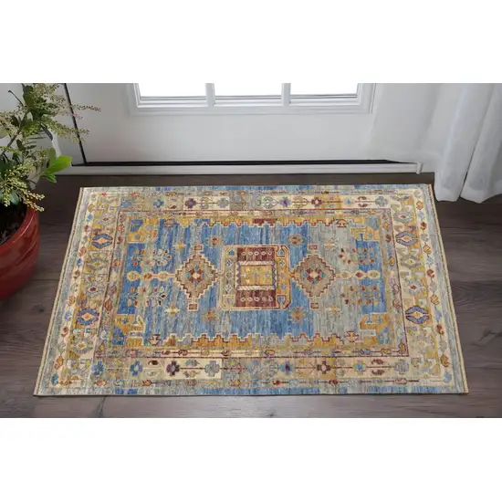 Blue Red and Yellow Wool Geometric Hand Knotted Area Rug With Fringe Photo 1