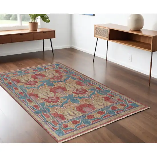 Blue Red and Yellow Wool Oriental Hand Knotted Area Rug Photo 1