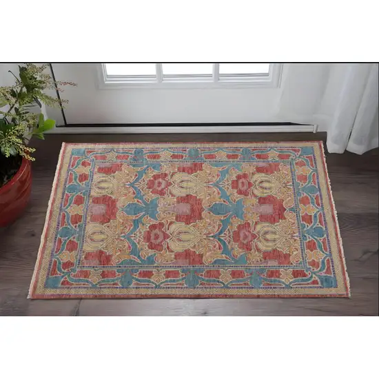 Blue Red and Yellow Wool Oriental Hand Knotted Area Rug Photo 1