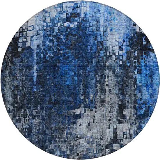 Blue Round Abstract Washable Non Skid Indoor Outdoor Area Rug Photo 2