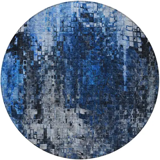 Blue Round Abstract Washable Non Skid Indoor Outdoor Area Rug Photo 4