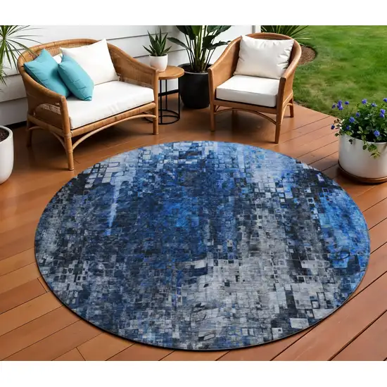 Blue Round Abstract Washable Non Skid Indoor Outdoor Area Rug Photo 1