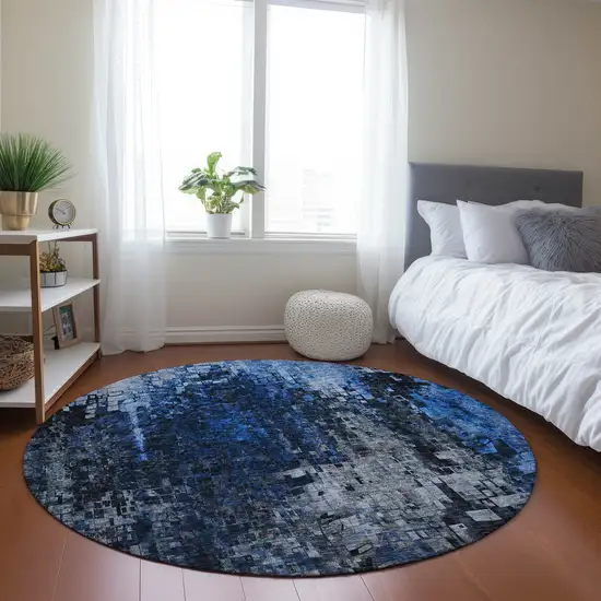 Blue Round Abstract Washable Non Skid Indoor Outdoor Area Rug Photo 6