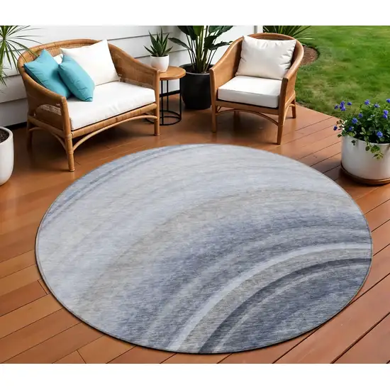 Blue Round Abstract Washable Non Skid Indoor Outdoor Area Rug Photo 1