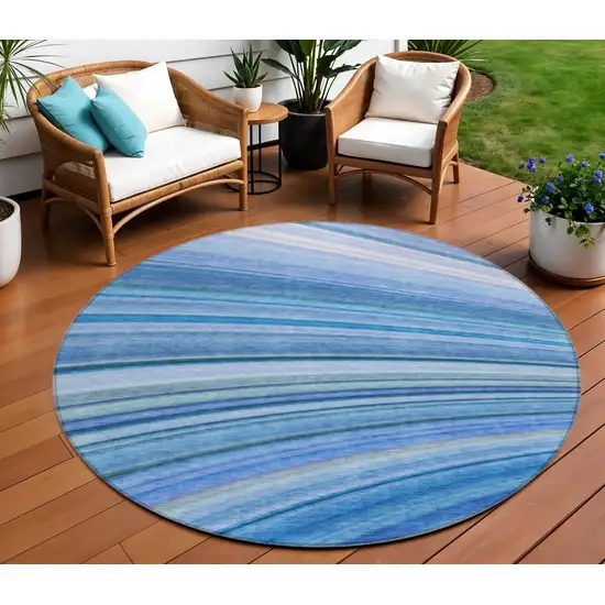 Blue Round Abstract Washable Non Skid Indoor Outdoor Area Rug Photo 1